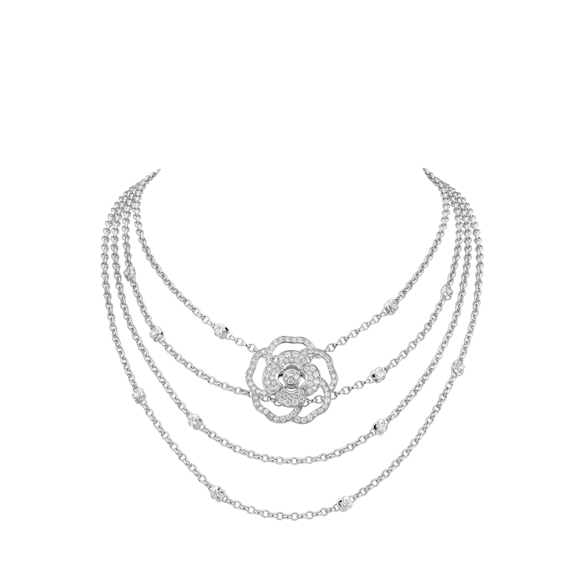 collier plastion, cam&eacute;lia,or blanc, diamants